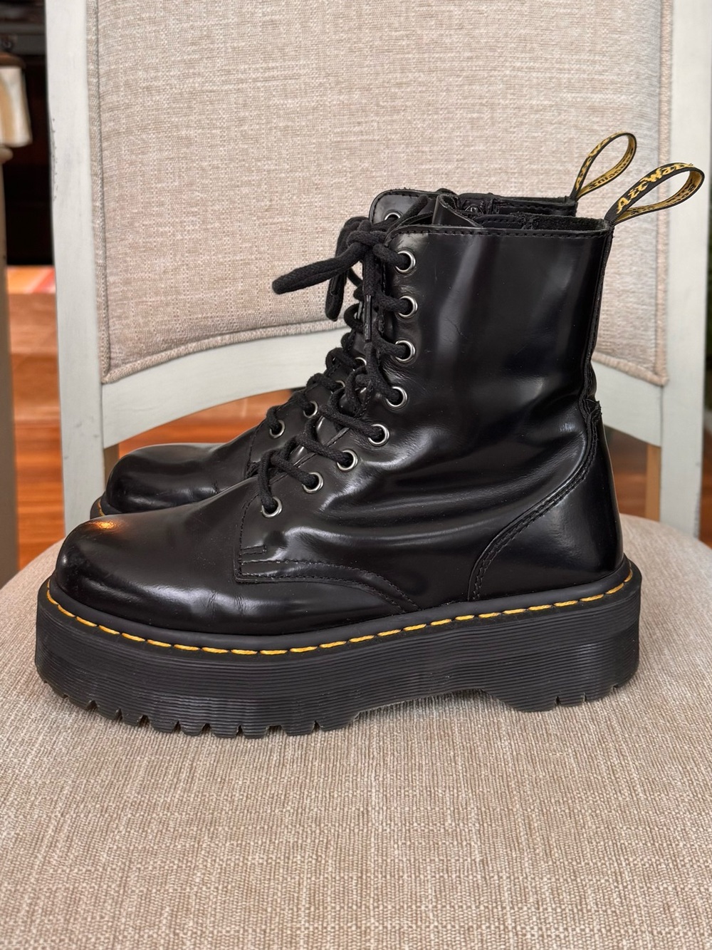 Dr. Martens Black Leather Platform Combat Boots with Yellow Stitching